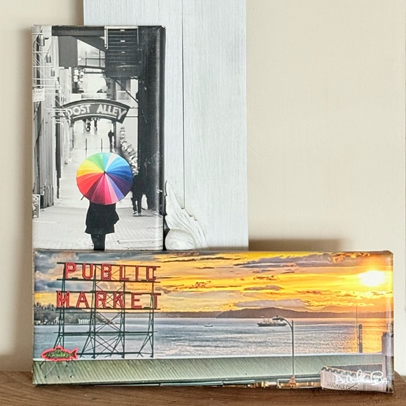 Original Seattle Artwork Other - Seattle~Pikes Market Colorful Umbrella and Public Market Canvas Art Set/2